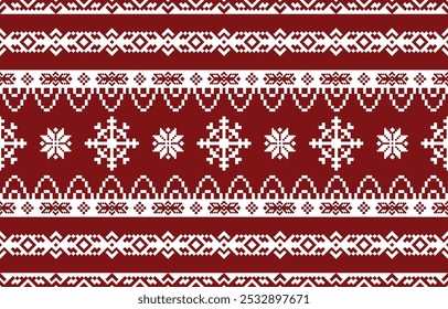 Natal e Ano Novo vermelho e branco padrão sem costura, padrão de pixel conto de fadas em branco e verde com flocos de neve nórdicos para chapéus de inverno, suéteres feios, jumpers. papel de parede, papel ou outro design