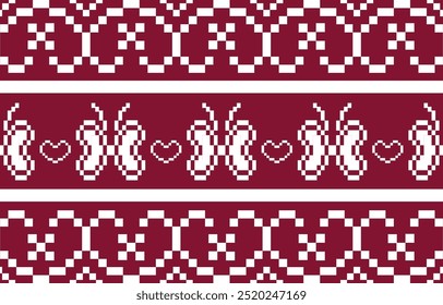 Christmas and New Year red and whote seamless pattern, fairytale pixel pattern in white and green with Nordic snowflakes for winter hats, ugly sweaters, jumpers. wallpaper, paper or other design