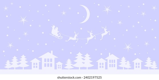 Christmas and new year reindeer with santa claus on a sleign. Moon, snowflakes, houses and christmas trees background. Vector illustration.