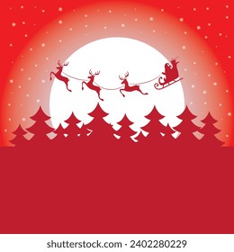 Christmas and new year reindeer with santa claus on a sleign. Moon, snowflakes and christmas trees background. Vector illustration.