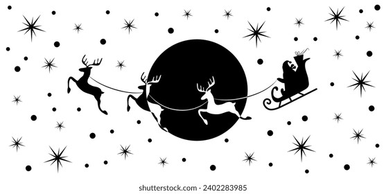 Christmas and new year reindeer with santa claus on a sleign. Moon and snowflakes background. Vector illustration.