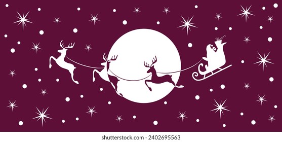 Christmas and new year reindeer with santa claus on a sleign. Moon, snowflakes, houses and christmas trees background. Vector illustration.