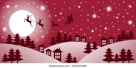 Christmas and new year reindeer with santa claus on a sleign. Moon, snowflakes, houses and christmas trees background. Vector illustration.