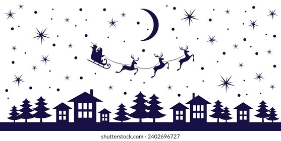 Christmas and new year reindeer with santa claus on a sleign. Moon, snowflakes, houses and christmas trees background. Vector illustration.