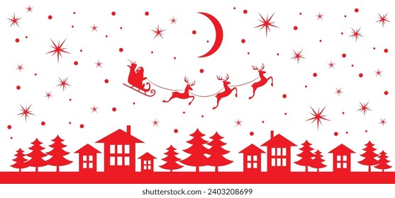 Christmas and new year reindeer with santa claus on a sleign. Moon, snowflakes, houses and christmas trees background. Vector illustration.