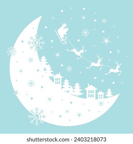 Christmas and new year reindeer with santa claus on a sleign. Moon, snowflakes, houses and christmas trees background. Vector illustration.