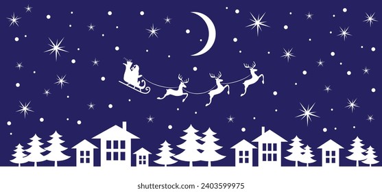 Christmas and new year reindeer with santa claus on a sleign. Moon, snowflakes, houses and christmas trees background. Vector illustration.