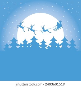 Christmas and new year reindeer with santa claus on a sleign. Moon, snowflakes and christmas trees background. Vector illustration.