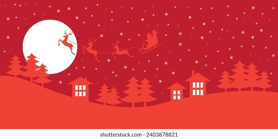 Christmas and new year reindeer with santa claus on a sleign. Moon, snowflakes, houses and christmas trees background. Vector illustration.