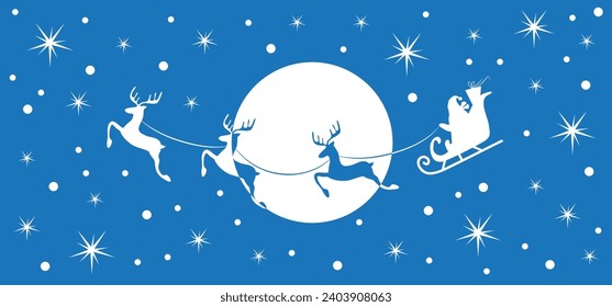 Christmas and new year reindeer with santa claus on a sleign. Moon, snowflakes, houses and christmas trees background. Vector illustration.