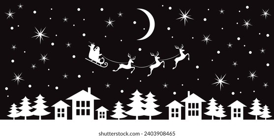 Christmas and new year reindeer with santa claus on a sleign. Moon, snowflakes, houses and christmas trees background. Vector illustration.