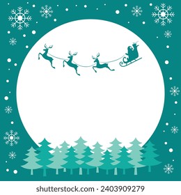 Christmas and new year reindeer with santa claus on a sleign. Moon, snowflakes and christmas trees background. Vector illustration.