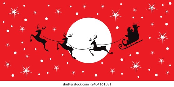 Christmas and new year reindeer with santa claus on a sleign. Moon, snowflakes, houses and christmas trees background. Vector illustration.