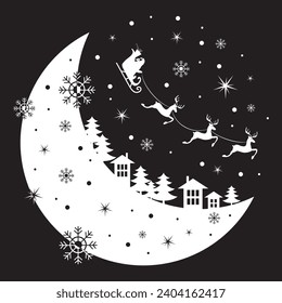 Christmas and new year reindeer with santa claus on a sleign. Moon, snowflakes, houses and christmas trees background. Vector illustration.
