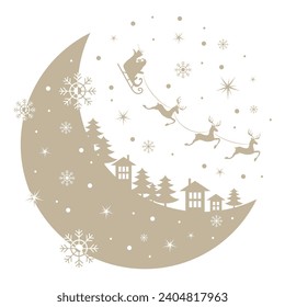 Christmas and new year reindeer with santa claus on a sleign. Moon, snowflakes, houses and christmas trees background. Vector illustration.