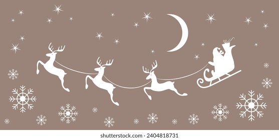 Christmas and new year reindeer with santa claus on a sleign. Moon, snowflakes and stars background. Vector illustration.