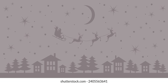 Christmas and new year reindeer with santa claus on a sleign. Moon, snowflakes, houses and christmas trees background. Vector illustration.