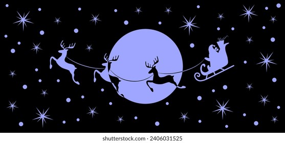 Christmas and new year reindeer with santa claus on a sleign. Moon, snowflakes, houses and christmas trees background. Vector illustration.