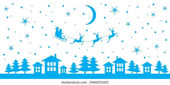 Christmas and new year reindeer with santa claus on a sleign. Moon, snowflakes, houses and christmas trees background. Vector illustration.
