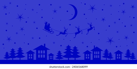 Christmas and new year reindeer with santa claus on a sleign. Moon, snowflakes, houses and christmas trees background. Vector illustration.