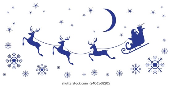 Christmas and new year reindeer with santa claus on a sleign. Moon, snowflakes and stars background. Vector illustration.