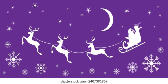 Christmas and new year reindeer with santa claus on a sleign. Moon, snowflakes and stars background. Vector illustration.