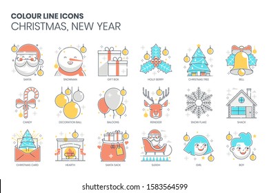 Christmas, new year related, color line, vector icon, illustration set. The set is about Christmas, Santa Claus, new year, pine tree, decorations, ornaments, snow, snowman, pine tree, gifts.