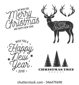 christmas and new year related design elements set. Monochrome vector vintage illustration. Typographic greeting quotes. Deer and christmas tree decorative silhouettes.