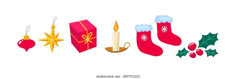 Christmas and New Year related objects horisontal composition. Vector illustration isolated on white.