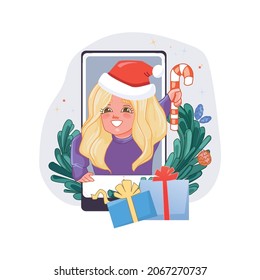 Christmas and new year remote congratulation on mobile phone. Winter holiday celebration in social media network