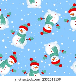 Christmas and New Year repeat illustration with a snowman on a blue background. Winter pattern, holiday invitation, greeting card, wallpaper, gift wrapping paper, web page background