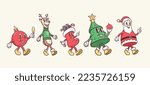 Christmas and New Year retro cartoon characters set. Santa Claus, reindeer, Christmas tree, sock and bauble ball friends walking. Vector mascot illustrations in trendy vintage comic style Isolated