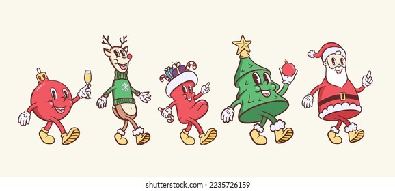 Christmas and New Year retro cartoon characters set. Santa Claus, reindeer, Christmas tree, sock and bauble ball friends walking. Vector mascot illustrations in trendy vintage comic style Isolated