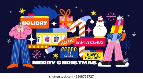 Christmas New Year, retro cartoon frames and online Memphis notifications. infographics illustration of characters, holidays and gifts