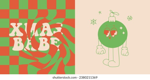Christmas and New Year retro cartoon character of xmas tree bauble greeting card template. Duotone babe quote and tree decoration ball. Vector mascot illustration vintage comic style cards Isolated