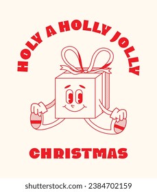 Christmas and New Year retro cartoon characters label template poster. Christmas present gift happy. Merry xmas Vector mascot groovy illustration in trendy vintage comic style isolated on background