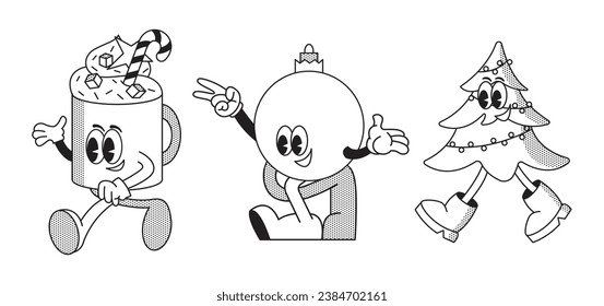 Christmas and New Year retro cartoon characters set. Christmas tree, coffee drink, bauble, present. Merry xmas Vector mascot groovy illustration in trendy vintage comic style isolated on background
