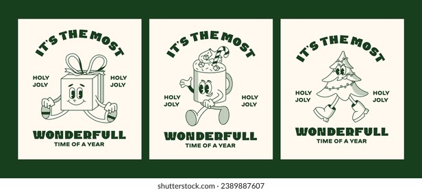 Christmas and New Year retro cartoon characters label template poster set. Present, cup, tree, bauble. Merry xmas Vector mascot groovy illustration in trendy vintage comic style isolated on background