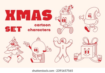 Christmas and New Year retro cartoon characters set. Christmas tree, coffee drink, bauble, present. Merry xmas Vector mascot groovy illustration in trendy vintage comic style isolated on background