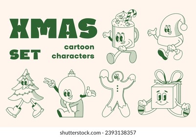 Christmas and New Year retro cartoon characters set. Christmas tree, coffee drink, bauble, present. Merry xmas Vector mascot groovy illustration in trendy vintage comic style isolated on background