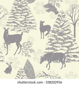 Christmas and New Year retro festive background, Xmas seamless pattern, wrapping paper, night forest with forest animals, winter wallpaper, artistic, fantasy vector holiday, greeting card for design