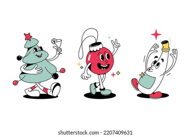 Christmas and New year retro style cartoon characters