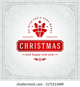 Christmas and new year retro typography label design and light with snowflakes. Holidays wish greeting card design and vintage ornament decoration. Vector background.