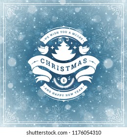Christmas and new year retro typography label design and light with snowflakes. Holidays wish greeting card design and vintage ornament decoration. Vector background.