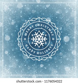 Christmas and new year retro typography label design and light with snowflakes. Holidays wish greeting card design and vintage ornament decoration. Vector background.