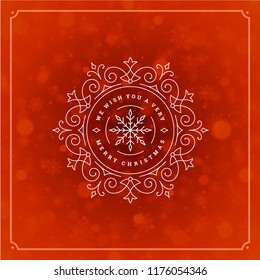 Christmas and new year retro typography label design and light with snowflakes. Holidays wish greeting card design and vintage ornament decoration. Vector background.