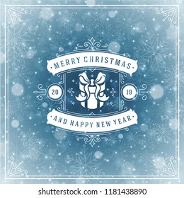Christmas and new year retro typography label design and light with snowflakes. Holidays wish greeting card design and vintage ornament decoration. Vector background.