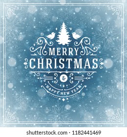 Christmas and new year retro typography label design and light with snowflakes. Holidays wish greeting card design and vintage ornament decoration. Vector background.