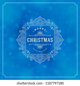 Christmas and new year retro typography label design and light with snowflakes. Holidays wish greeting card design and vintage ornament decoration. Vector background.