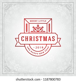Christmas and new year retro typography label design and light with snowflakes. Holidays wish greeting card design and vintage ornament decoration. Vector background.
